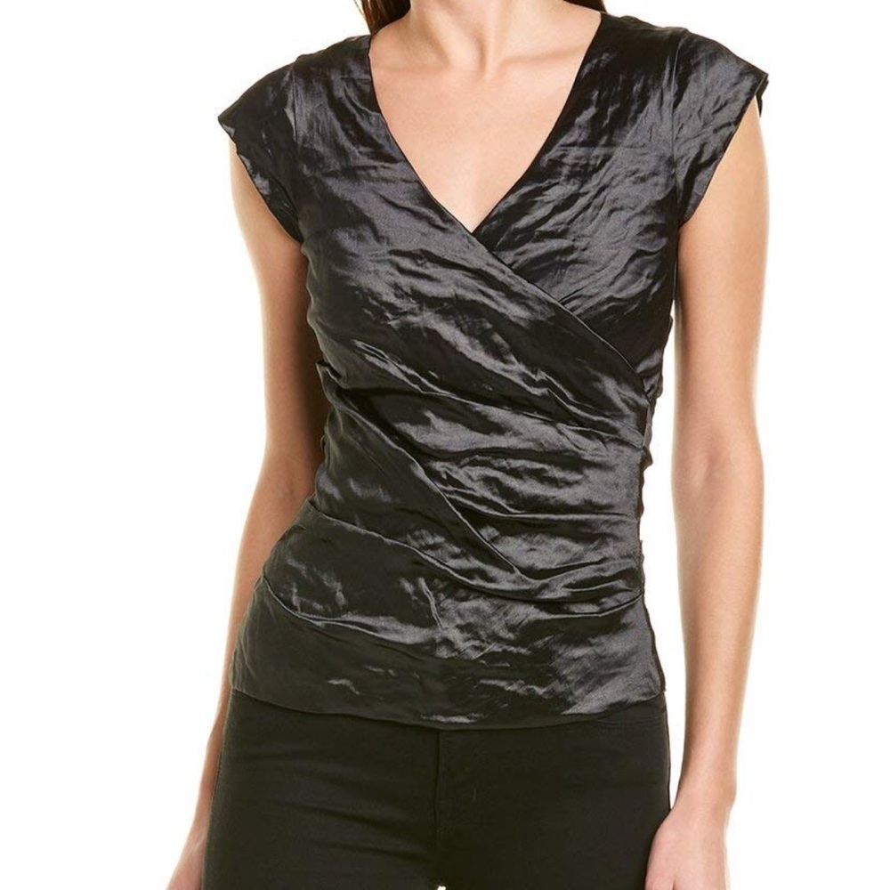 Nicole Miller metallic Black Ruched Wrap Blouse with Cap Sleeves